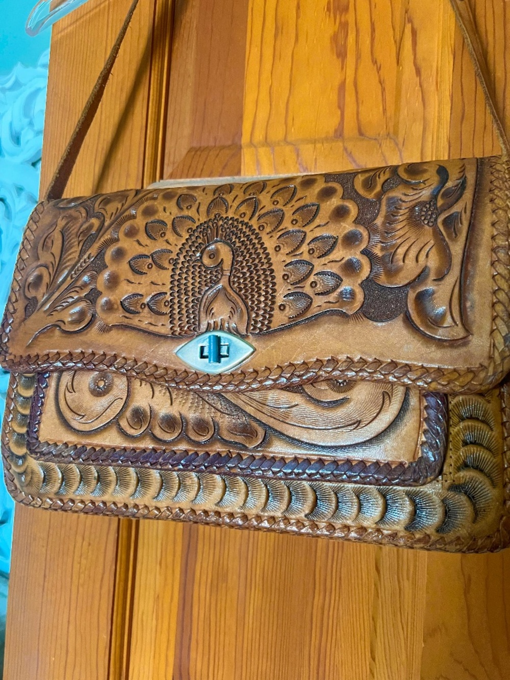 70s Vintage Mexican Hand Tooled Leather Purse Peacockl Design